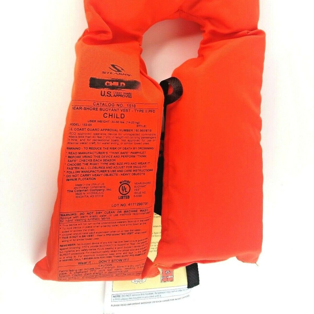 Stearns Child Life Vest Near-Shore Buoyant Vest 30-50 lb US COAST GUARD APPROVED